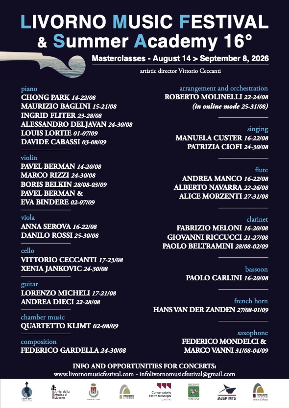 LIVORNO MUSIC FESTIVAL & SUMMER ACADEMY – Registrations open for the 2026 Master Classes